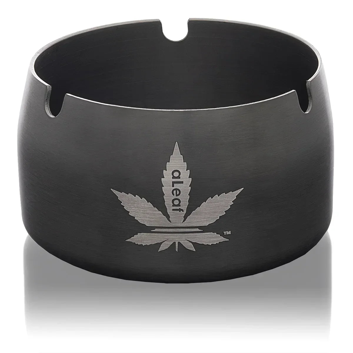 Graphite metal ashtray with engraved leaf design and cigar rests, cannabis accessory
