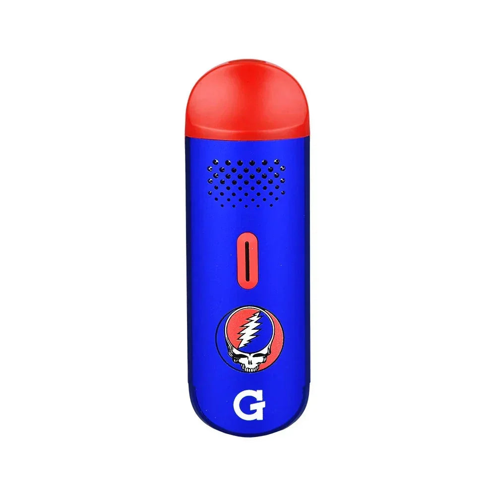 Blue dry herb vaporizer with red accents and a colorful skull lightning logo on the front.