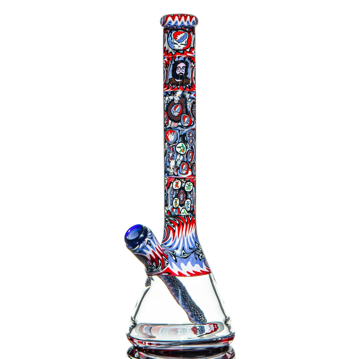 Colorful glass water pipe with Grateful Dead themed art and psychedelic designs on a white background.