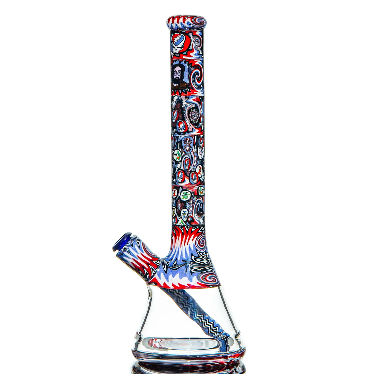 Colorful glass water pipe with intricate red, blue, and patterned artwork on white background