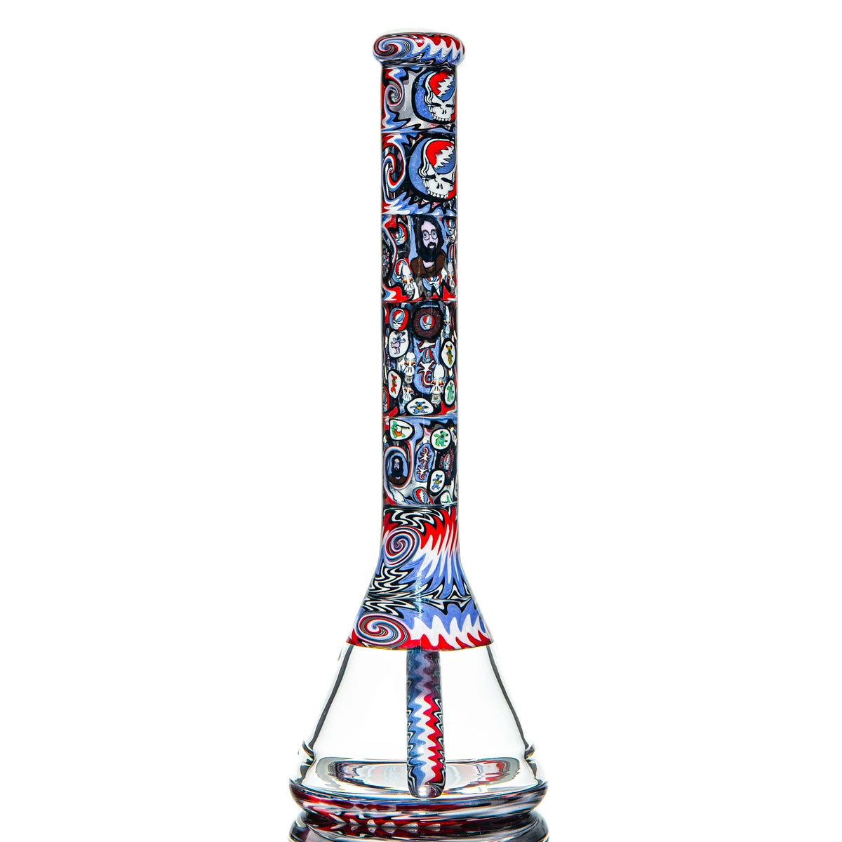 Colorful art glass water pipe with Grateful Dead motifs, red, blue, and white patterns.