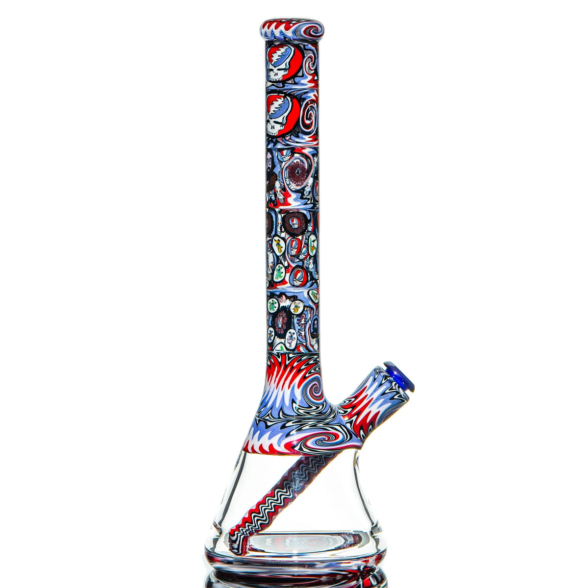 Colorful glass water pipe with psychedelic patterns and Grateful Dead art design on clear base.