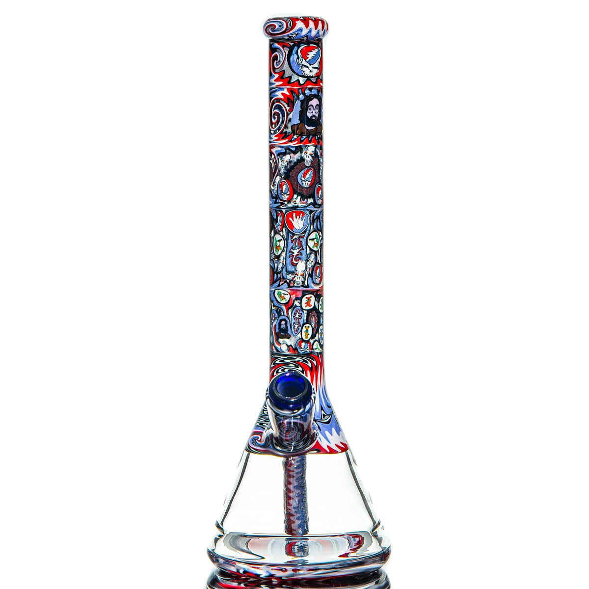 Colorful glass water pipe with intricate red, white, and blue psychedelic designs