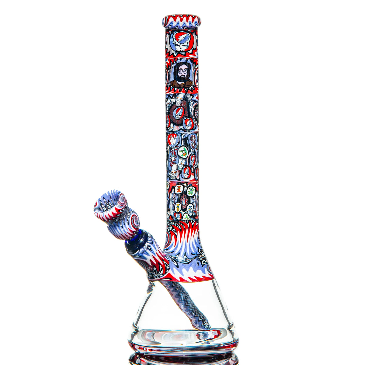 Colorful patterned glass water pipe with detailed Grateful Dead themed artwork