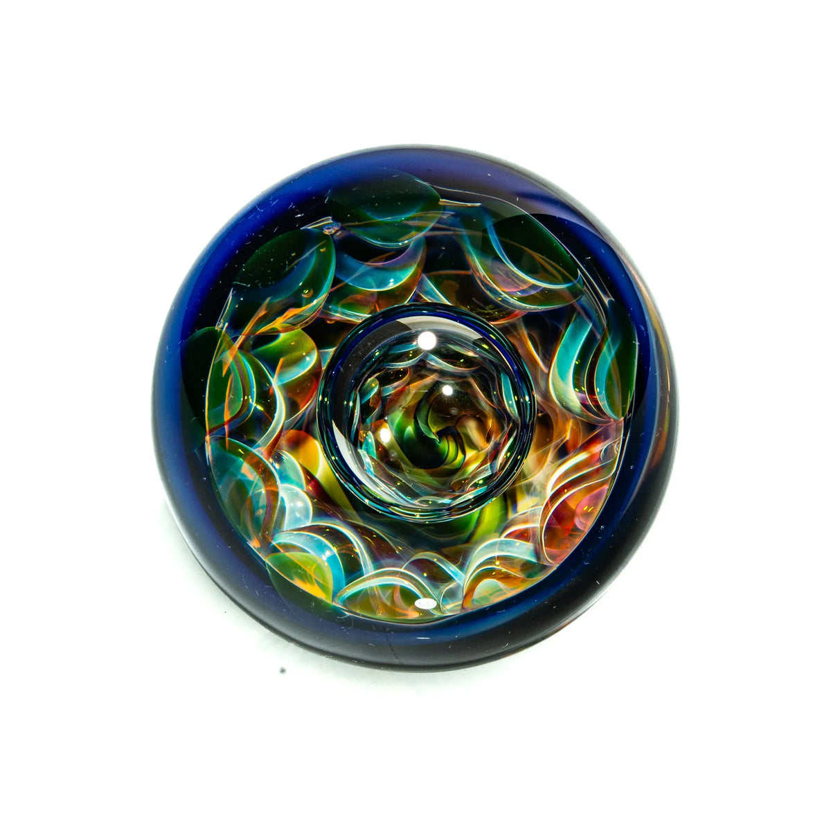 Heady glass marble with colorful swirling patterns and intricate details on white background