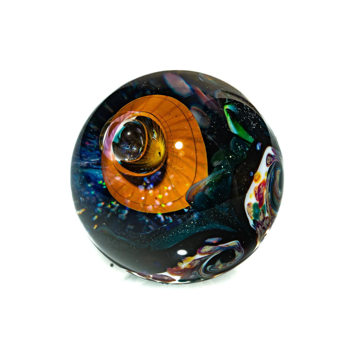 Handcrafted heady glass marble with vibrant colors and intricate designs on white background