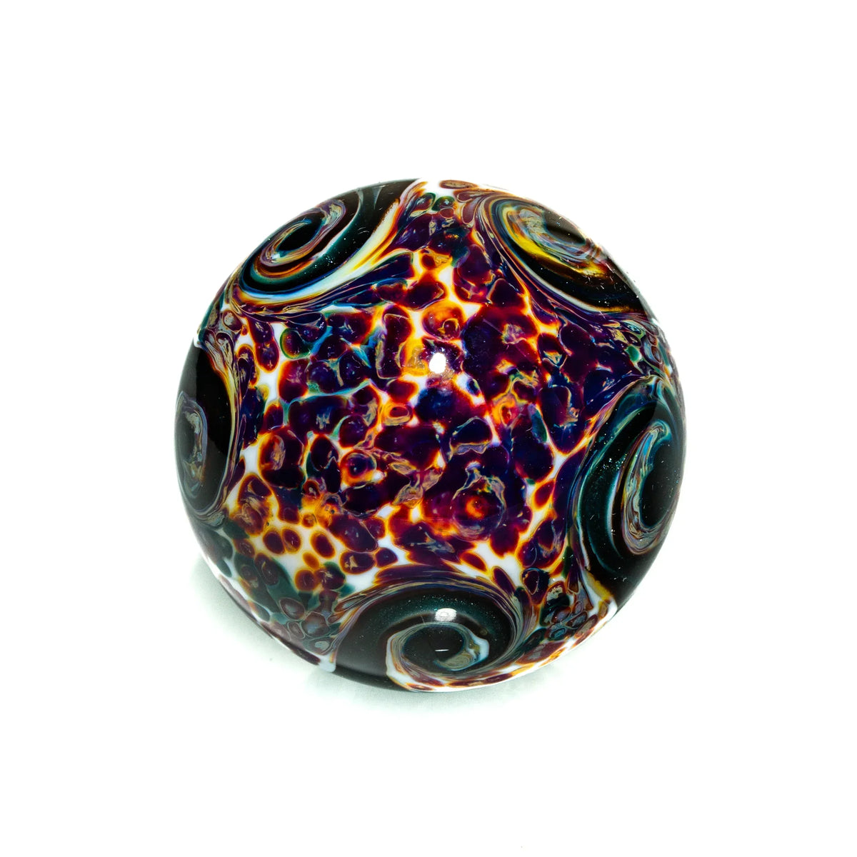 Hand-blown glass marble with colorful swirls and textured design on white background