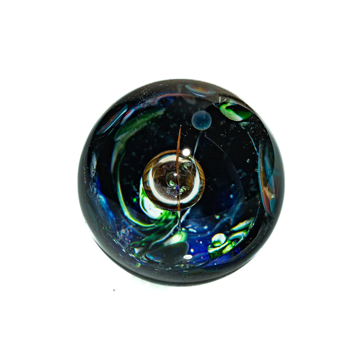 Handcrafted glass marble with vibrant swirling colors and intricate details