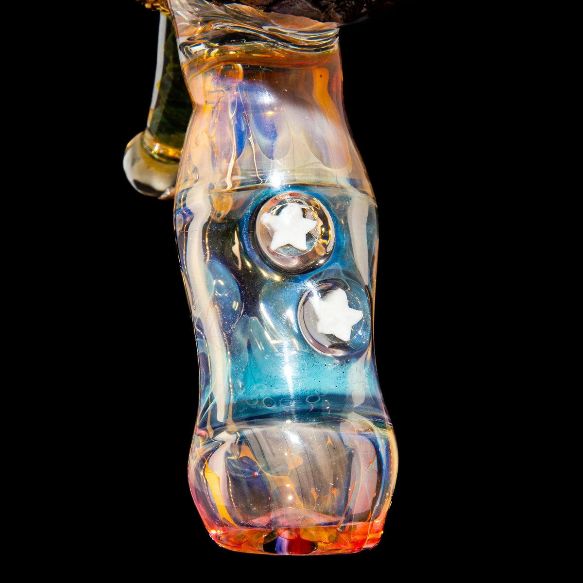 Colorful glass hand pipe with star-shaped accents on a black background
