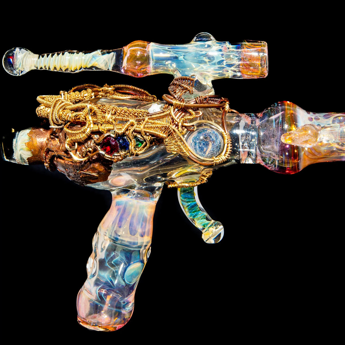 Intricate glass art pipe with colorful wire wrapping and opal accents on a black background.