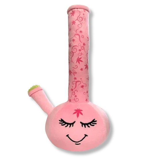 Pink plush bong toy with embroidered smiley face and leaf designs on a black background