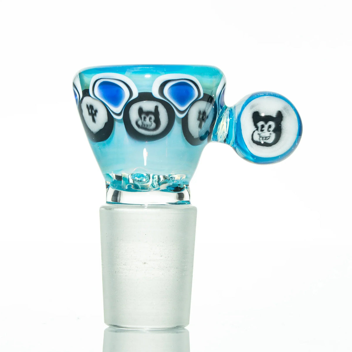 Blue glass slide bowl with cartoon cat face designs, smoking accessory on white background.