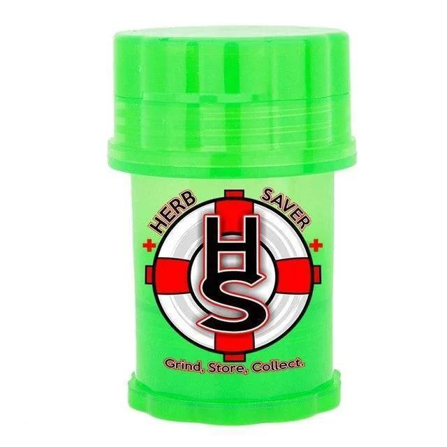 Green Herb Saver grinder and storage container with logo, for herbs and accessories.