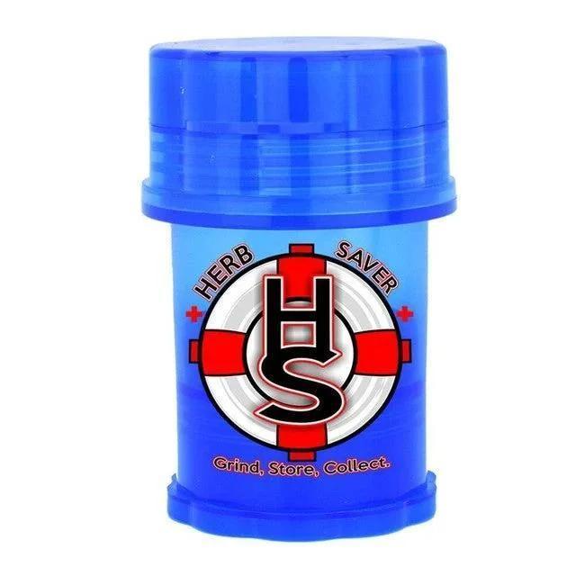 Large blue Herb Saver airtight plastic container with printed logo for grinding and storing herbs.