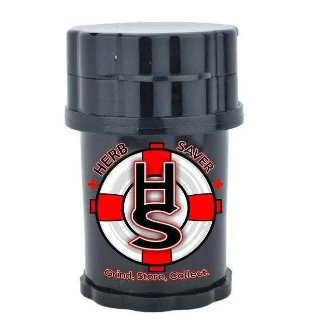 Large black Herb Saver container for grinding and storing herbs with red and white logo