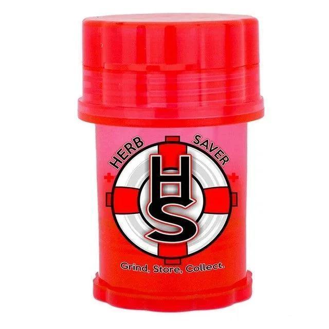 Red Herb Saver large plastic herb grinder and storage container with HS logo.