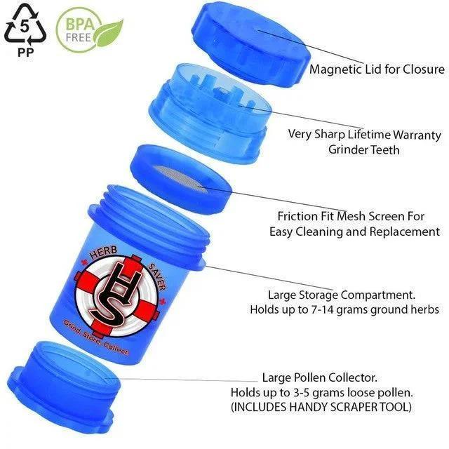 Blue multi-chamber herb grinder with storage, mesh screen, magnetic lid, and pollen collector.