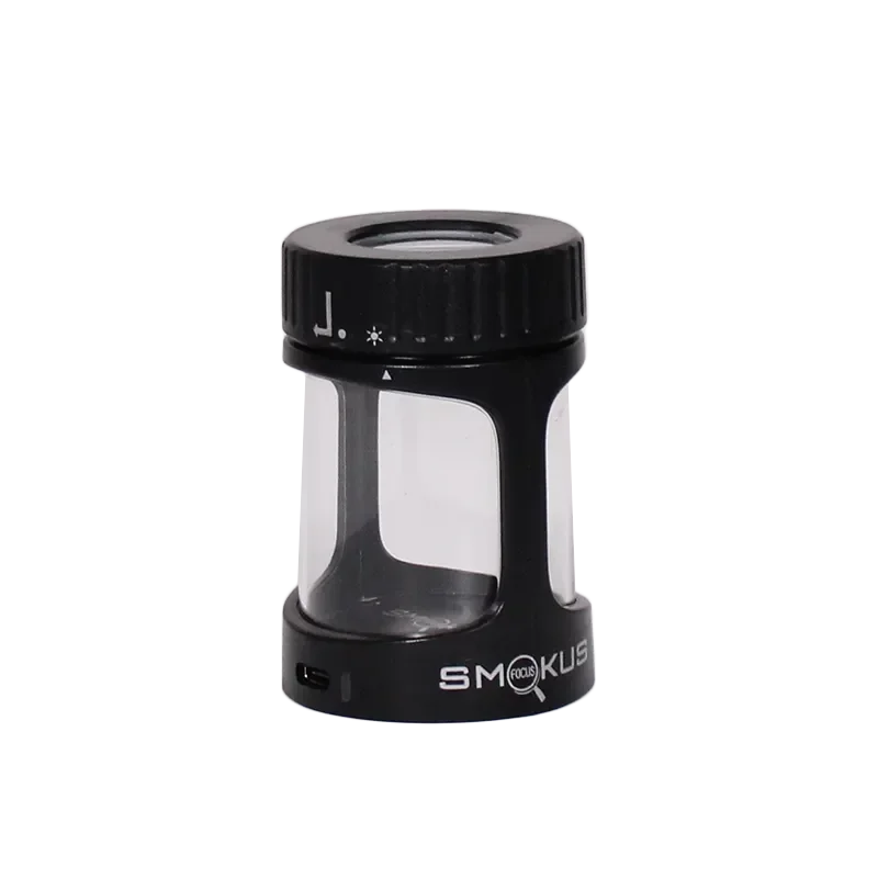 Black Smokus Focus glass storage jar with magnifying lid and clear viewing window