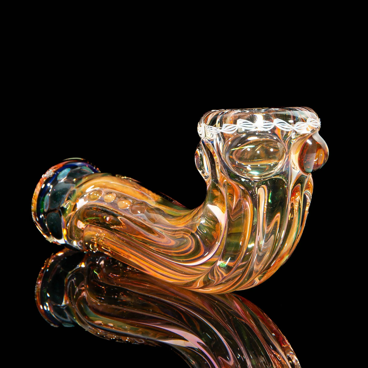Hand-blown glass pipe with intricate swirls and marbled colors on a black background