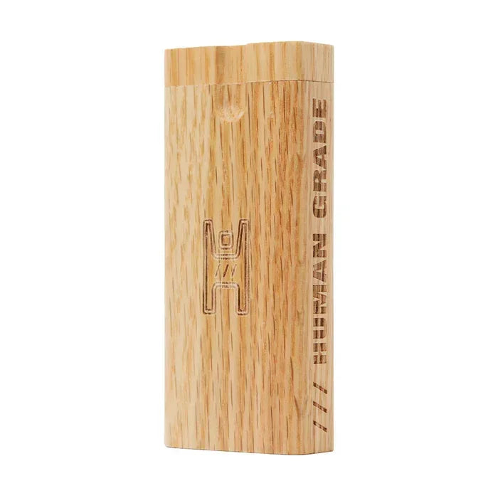 Red oak wooden dugout with engraved Human Grade logo and text, portable smoking accessory