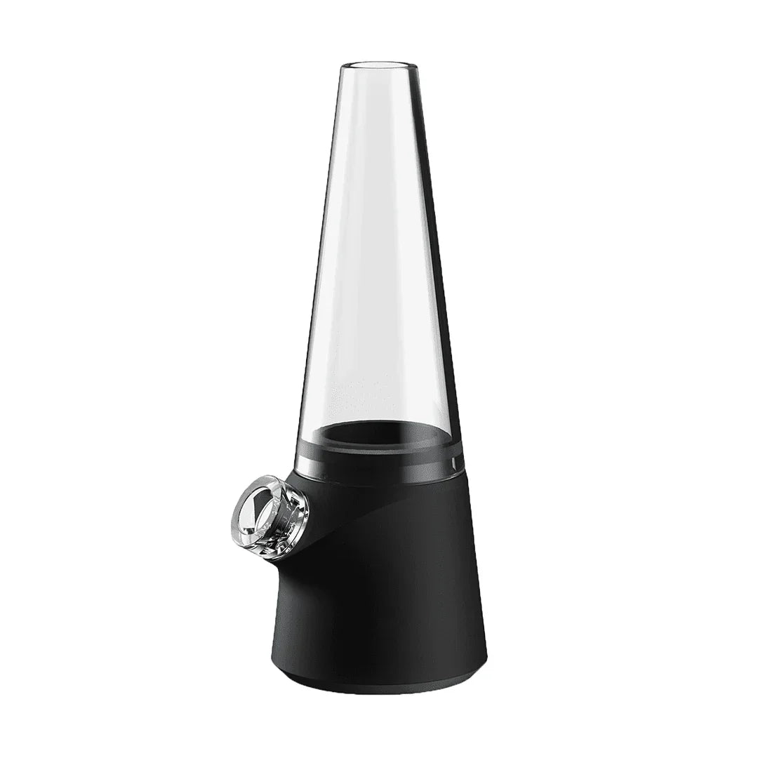 Modern black and clear glass vaporizer with conical design on white background