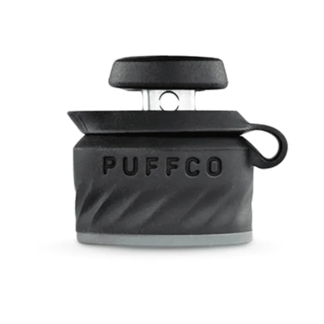 Puffco black silicone accessory container with screw-on lid and loop handle