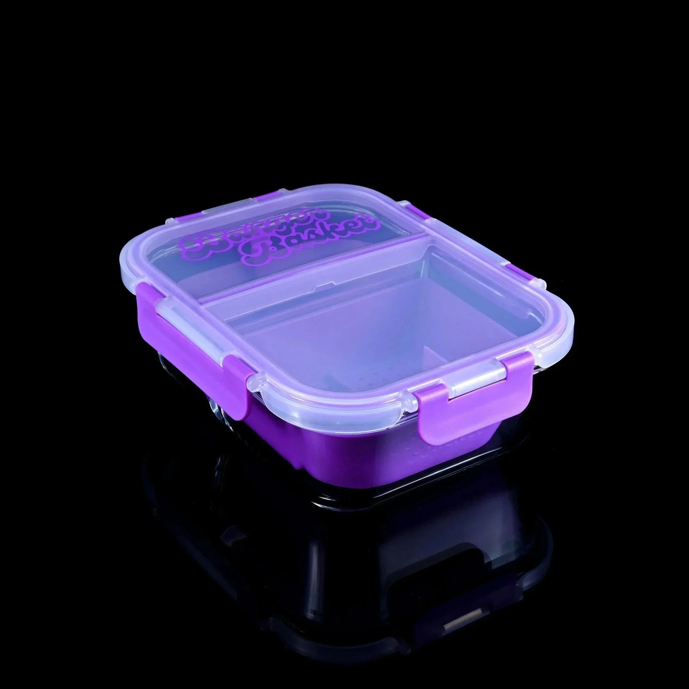 Purple airtight plastic storage container with clear locking lid on black background