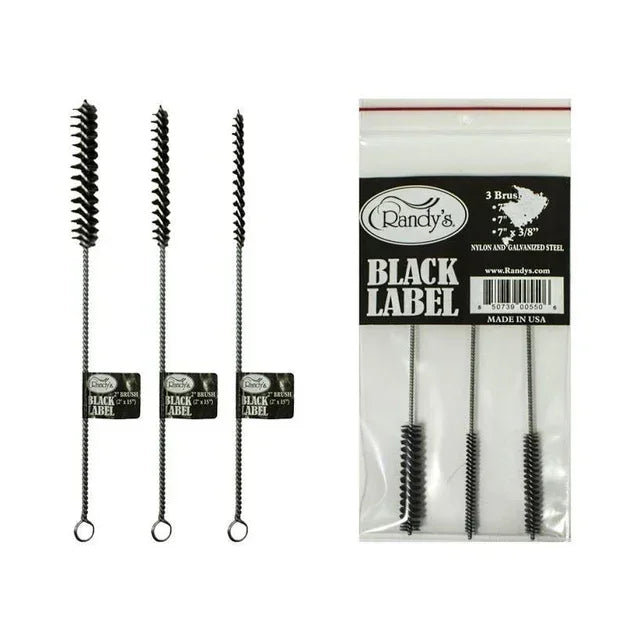 Three Randy's Black Label nylon and steel cleaning brushes with retail packaging