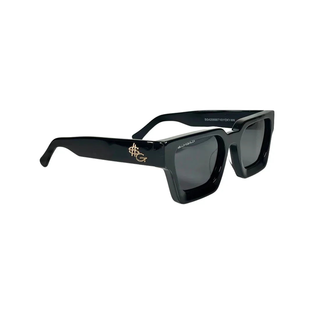 Black square sunglasses with dark lenses and gold SG logo on the arms, isolated on white