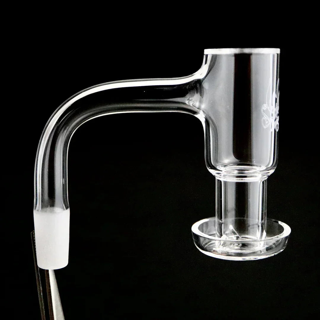 Clear quartz banger nail for dab rigs, premium glass accessory on black background
