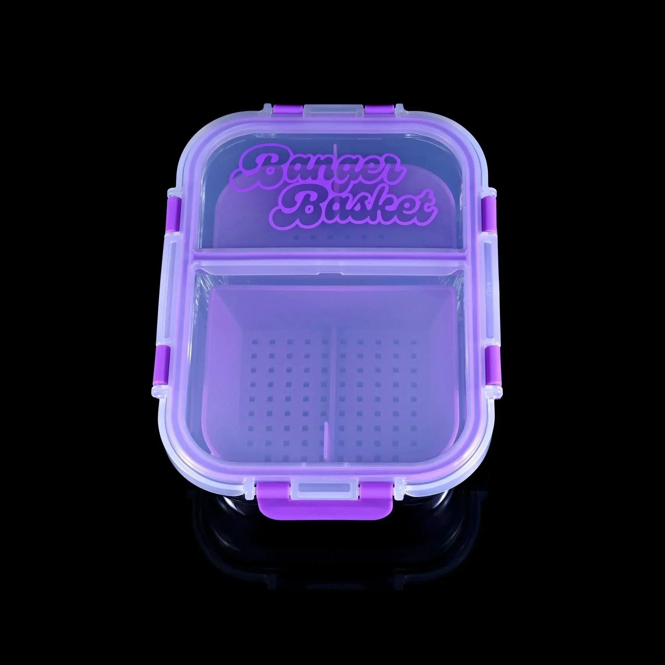 Purple and clear plastic Banger Basket storage container with divided compartments on black background