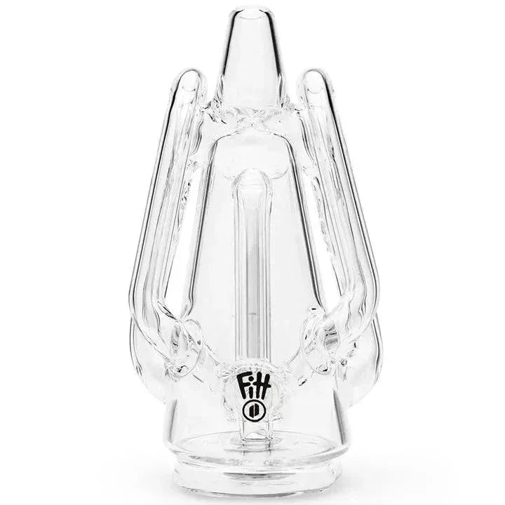Clear glass percolator attachment for vaporizer, intricate design with visible tubing