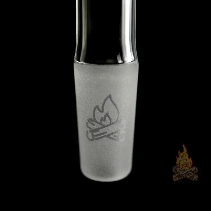 Frosted glass joint adapter with etched campfire logo on black background