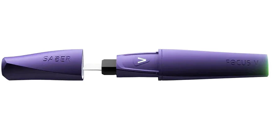 Purple Focus V Saber electronic dab tool with cap removed, side view on white background