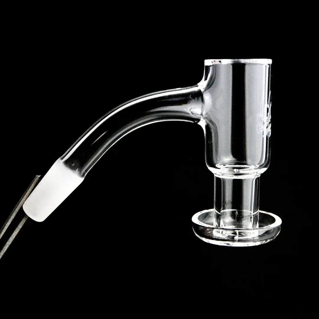 Clear quartz glass banger nail attachment for water pipe or dab rig on black background