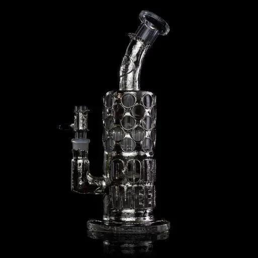 Clear glass water pipe with honeycomb design and angled mouthpiece on black background