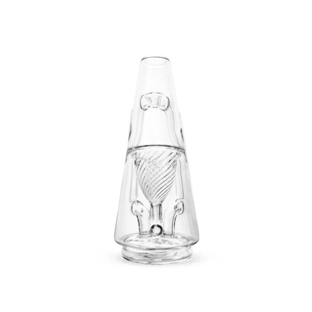 Clear glass vaporizer attachment with spiral percolator on white background