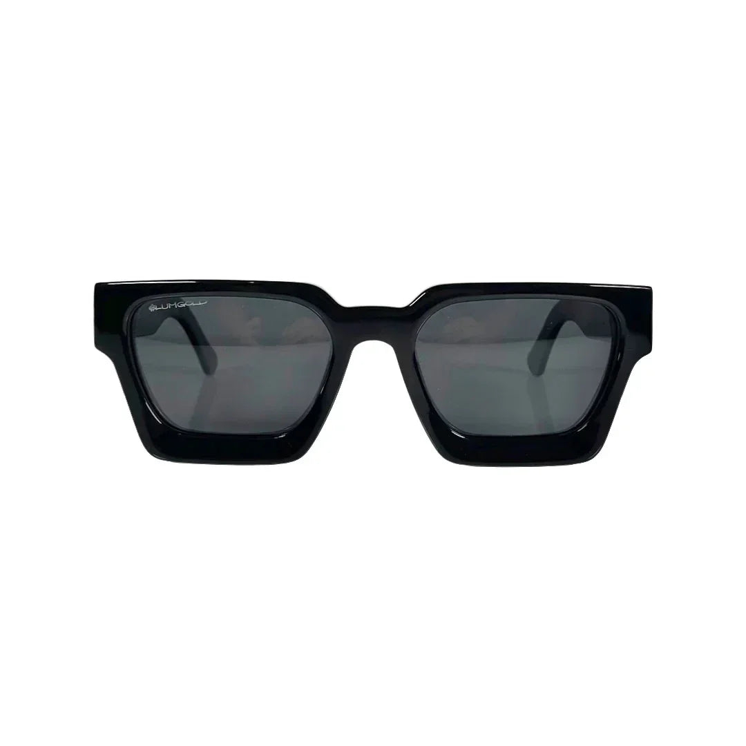 Black rectangular sunglasses with thick frames and dark lenses on white background