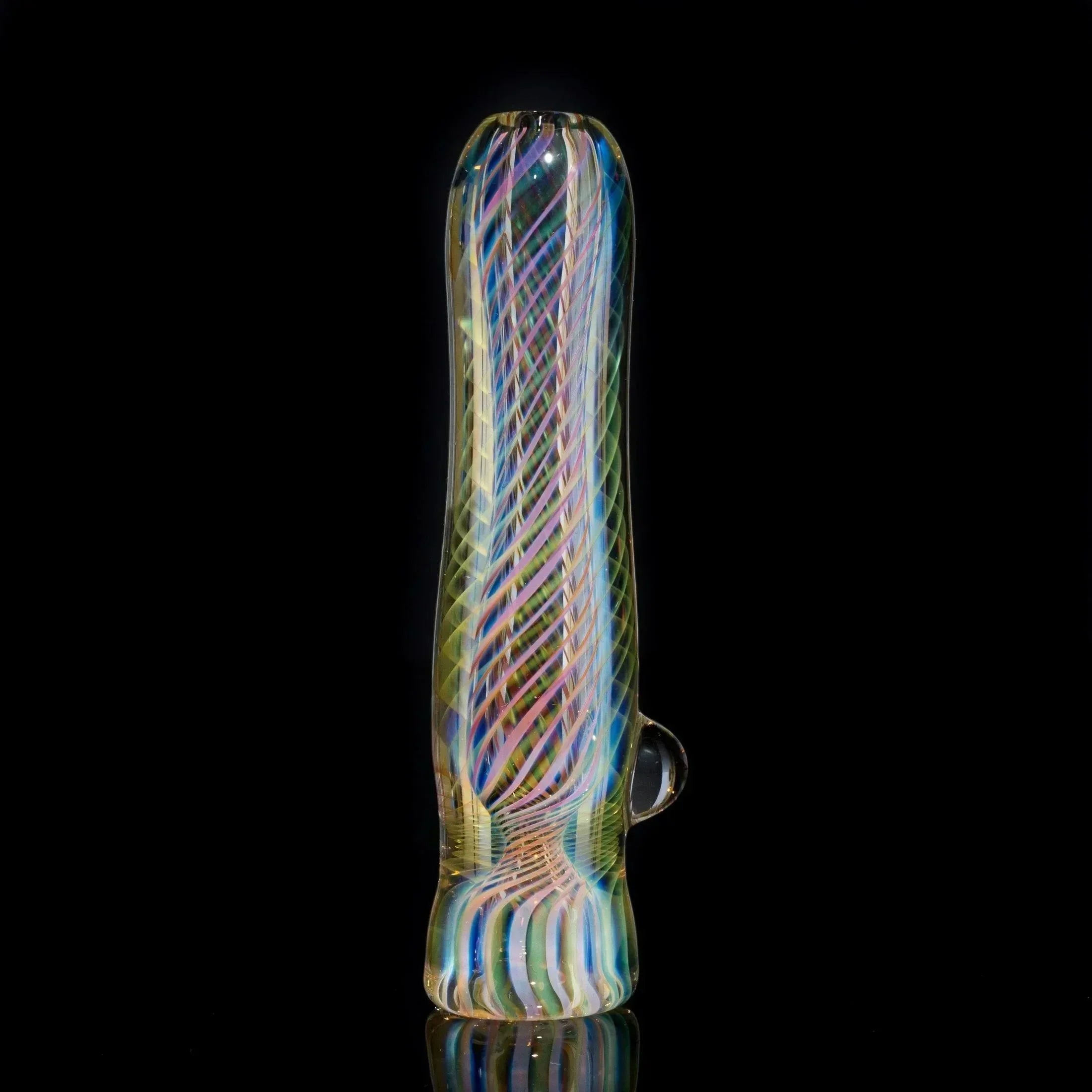 Colorful hand-blown glass chillum pipe with swirling patterns on a black background