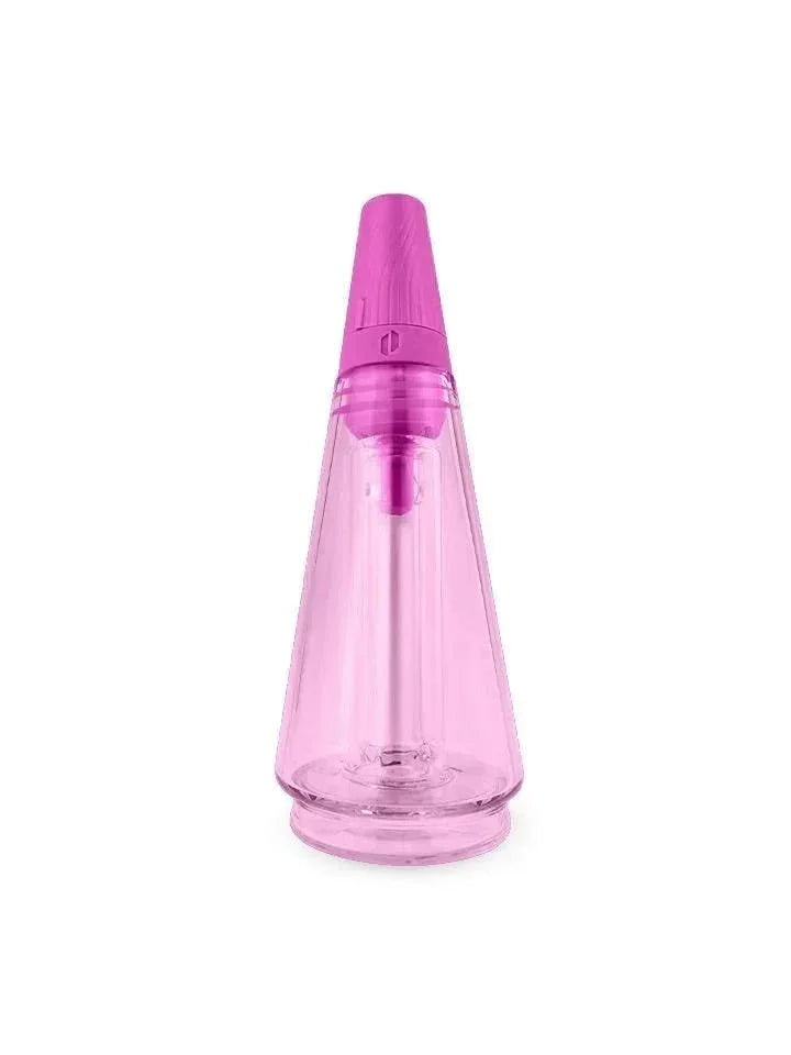 Pink glass vaporizer attachment with conical shape and clear body on white background