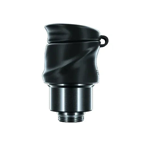 Black and silver vaporizer atomizer accessory with threaded base on white background