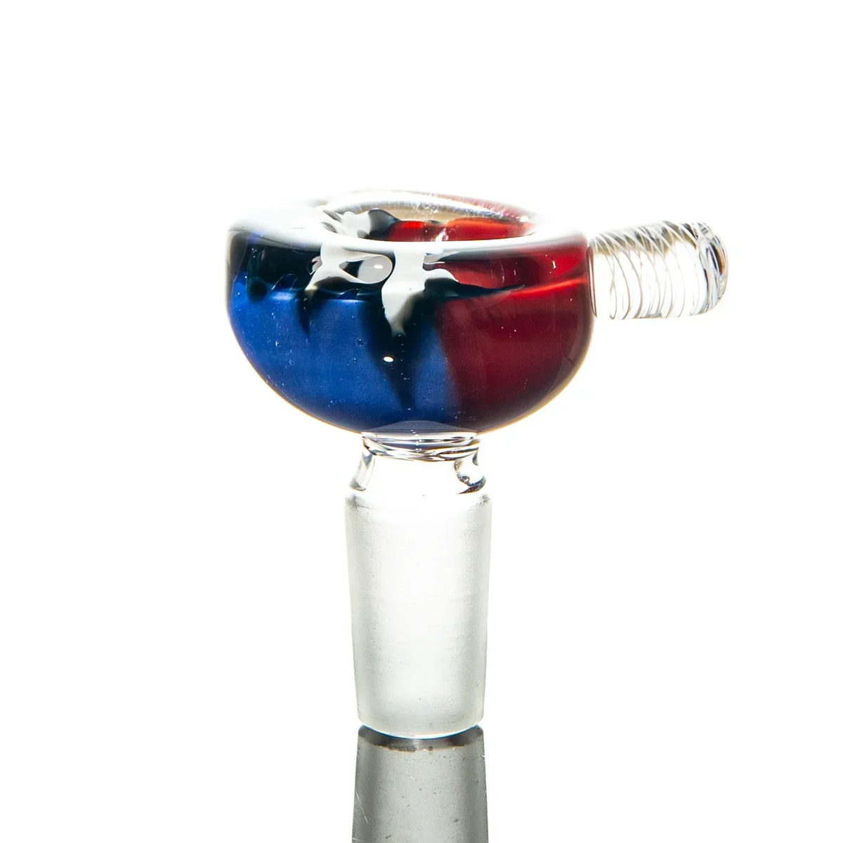Red and blue heady glass bowl slide with clear handle and joint adapter on white background