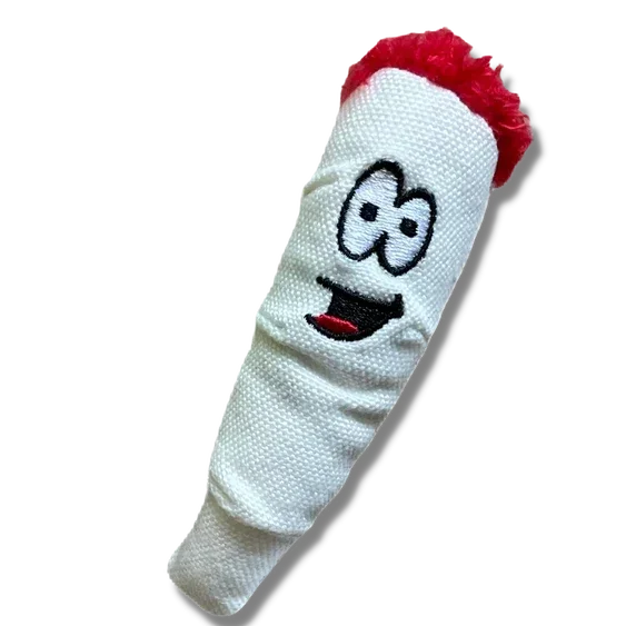 Stuffed joint-shaped plush toy with happy embroidered face and red top, novelty smoking accessory.