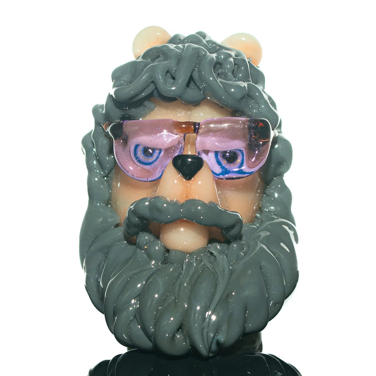 Handcrafted glass dog figure with gray beard, glasses, and detailed facial features