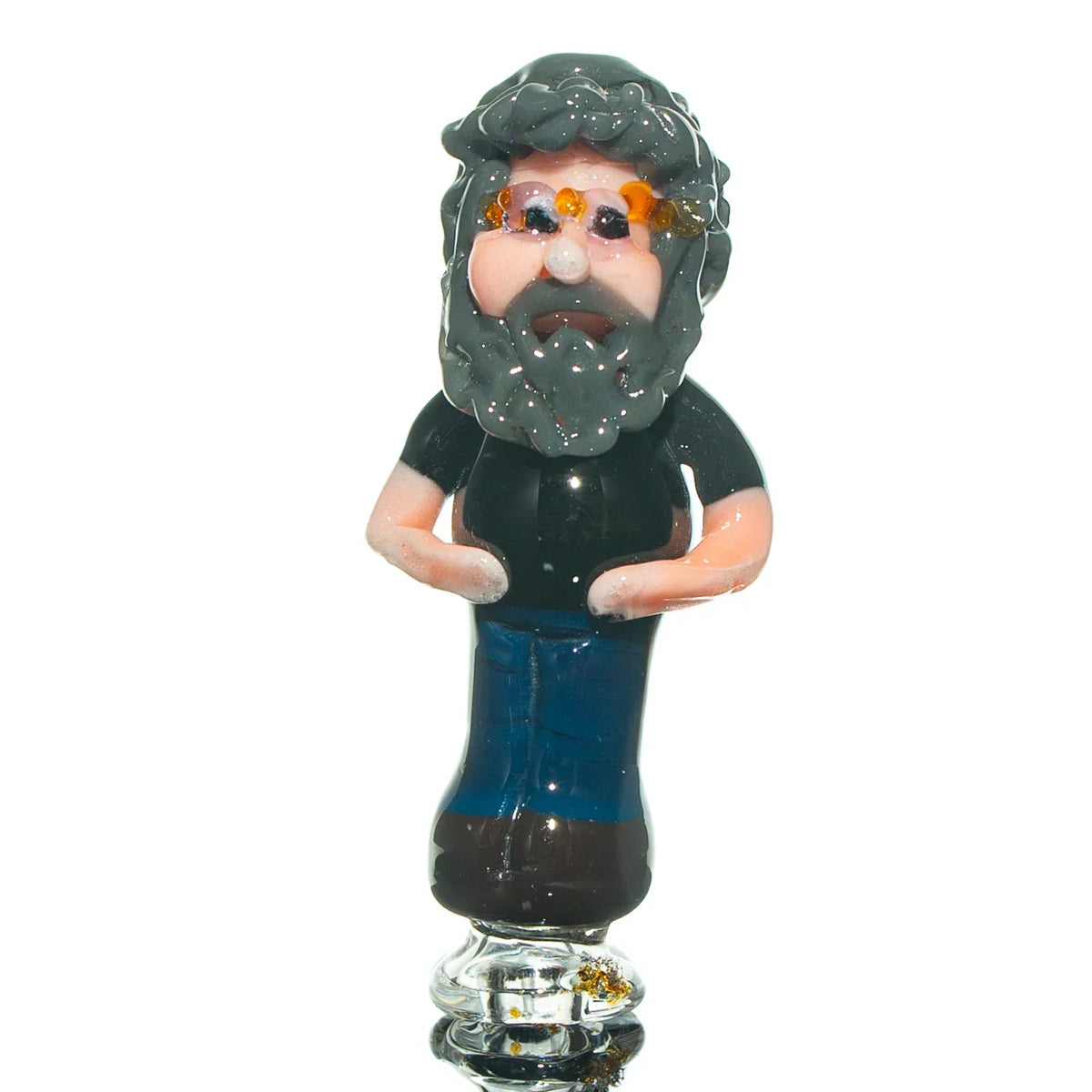 Hand-blown glass joint holder shaped like a bearded man, standing upright on a clear base.