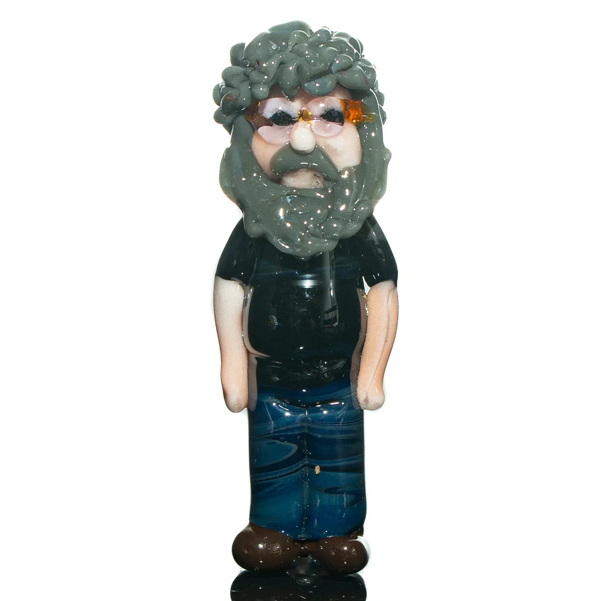 Handcrafted glass pendant shaped like a bearded man with curly hair and orange glasses