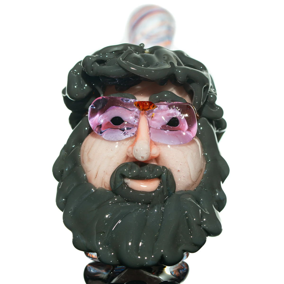 Handcrafted glass pipe with sculpted bearded face and colorful glasses detail