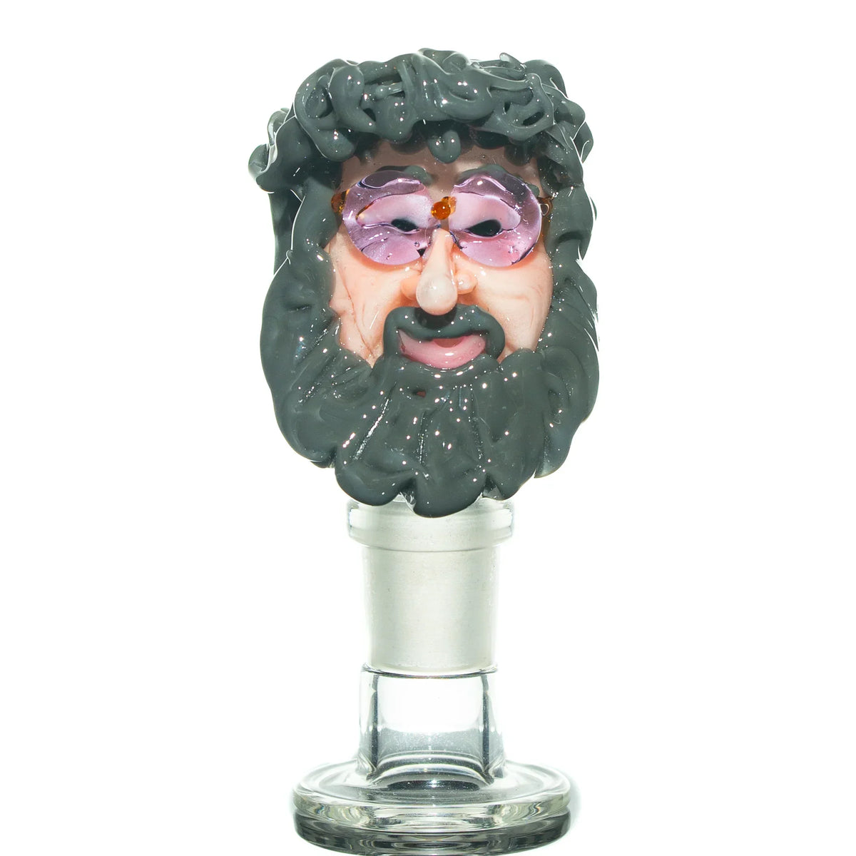 Handcrafted glass bowl piece shaped like a bearded man's head with purple glasses.