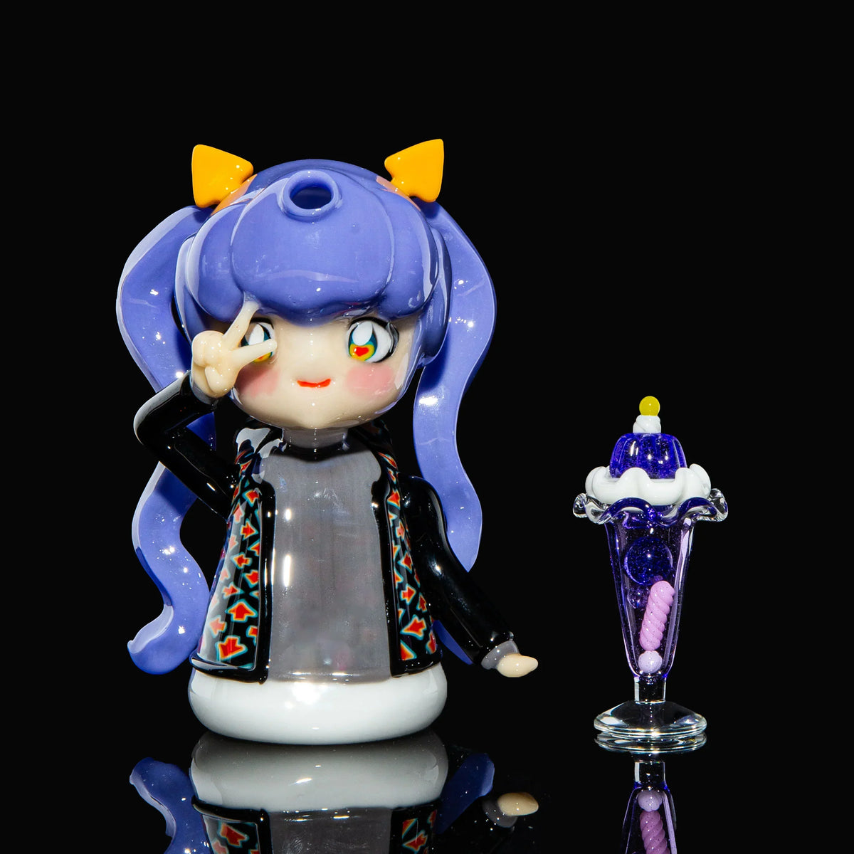 Anime-inspired glass art dab rig with purple hair and matching sundae, on black background.