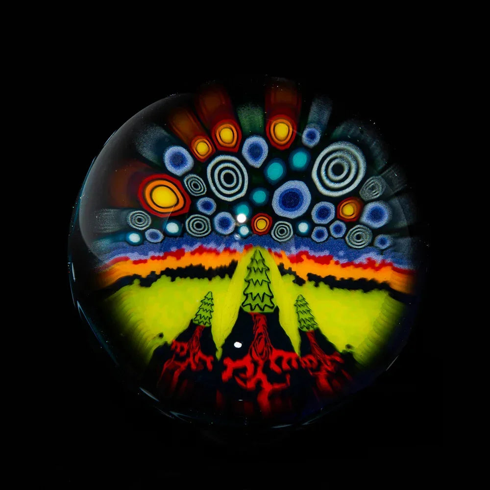 Colorful heady glass art with abstract landscape, trees, and psychedelic sky design